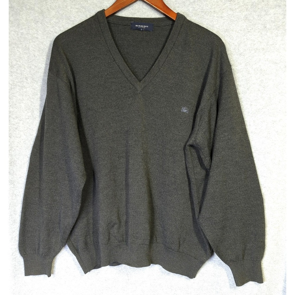 Vintage 90's Burberrys Men Sweater Size 7 Large V-Neck Embroidered Logo Gray